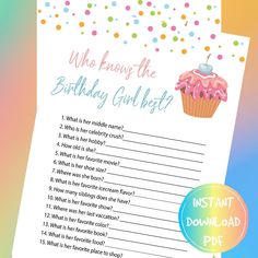 a cupcake birthday game with the words, who knows the birthday girl best?