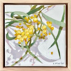 an oil painting of yellow flowers on a white background with green leaves and brown edges