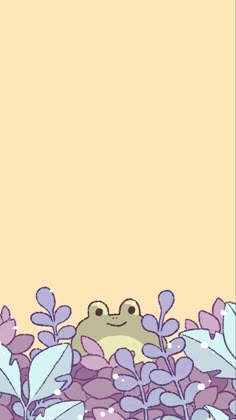 a frog is sitting in the middle of some purple flowers and plants with a yellow background