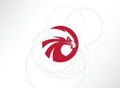 an eagle logo on a white background with circles around it and the letter o in red