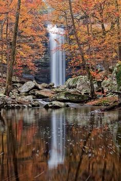 a waterfall in the middle of a forest surrounded by rocks and trees with fall foliage