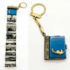 two different types of key chains with pictures on them, one is blue and the other is gold