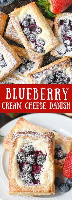 blueberry cream cheese danish on a white plate with strawberries and powdered sugar