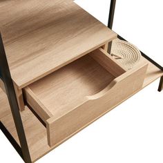 a wooden table with two drawers and one drawer open