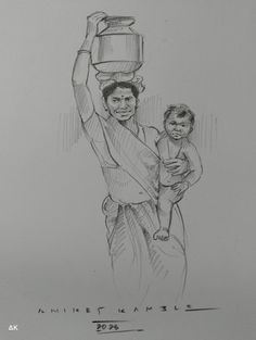 a drawing of a woman carrying a child on her back with a pot on her head