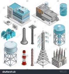 the various types of electrical equipment are depicted in this set, including an electric tower and other