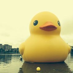 a large yellow rubber duck sitting on top of a lake