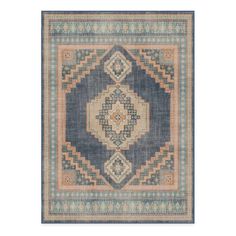 a blue and beige rug with an ornate design on the front, in different colors