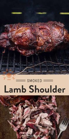 smoked lamb shoulder on the grill with text overlay