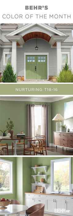 two pictures showing different rooms and furniture in the same room, one with green doors