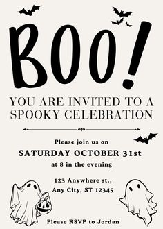 a halloween party with ghost and bats on the front, black text reads boo you are involved to a spooky celebration