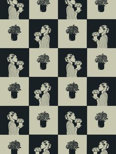 a black and white pattern with flowers in a vase