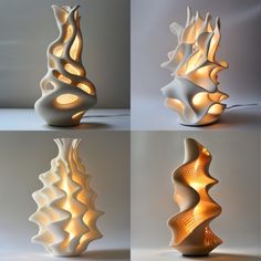 four different views of a white vase with lights on it's sides and in the middle