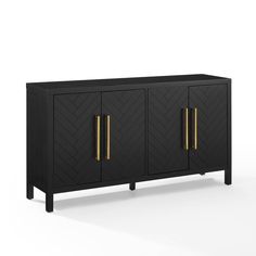 a black cabinet with gold handles and two doors