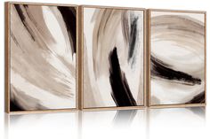 three abstract paintings with black and white colors