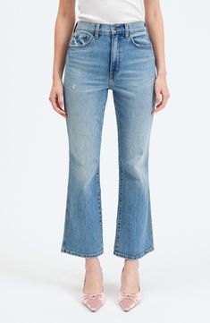 Easy to work into your casual wardrobe, these stretchy jeans feature a relaxed fit, cropped legs and hints of lived-in distressing at the edges. 28 1/2" inseam; 18" leg opening; 11 3/4" front rise Zip fly with button closure Five-pocket style 69% cotton, 30% organic cotton, 1% spandex Machine wash, dry flat Imported Ankle Flare Jeans, Stretchy Jeans, Casual Wardrobe, Soho, Flare Jeans, To Work, High Waist, Organic Cotton, Nordstrom