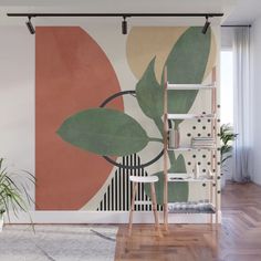 a wall mural with a plant on it in an empty room next to a ladder