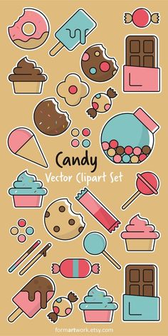 the candy clipart set includes different types of sweets, candies and lollipops