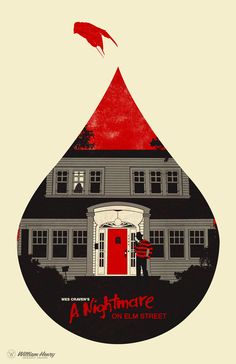 a house with a red door and a man standing in front of it that says, a nightmare on elm street