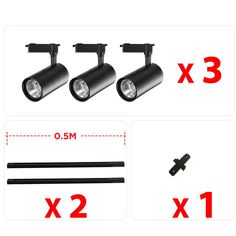 three lights are shown with the measurements for each light and one is in different positions