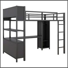 loft bed with desk underneath it and ladder to the top, in dark grey finish