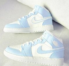 Custom Air Jordan 1 Mid Baby Blue - shecustomize Custom Air Jordan 1, Custom Jordans, Dr Shoes, Nike Shoes Girls, Blue Jordans, Preppy Shoes, All Nike Shoes, Cute Nike Shoes, Cute Nikes