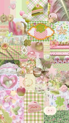 a collage of pink, green and white items in various colors with hearts on them