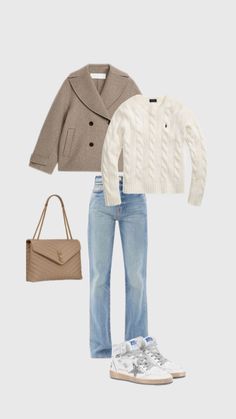 a sweater, jeans and shoes are arranged in the same outfit for a woman's wardrobe