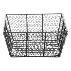 a black metal basket with wavy lines on the sides and bottom, for storing wine bottles