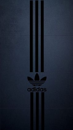 the adidas logo is shown in black on a dark blue background with vertical stripes