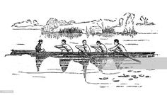 four men rowing in a boat on the water, vintage line drawing or engraving illustration