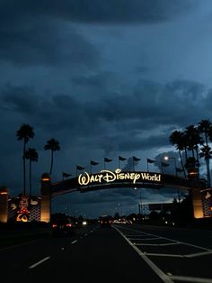 the entrance to walt world at night with palm trees in the foreground and dark clouds overhead