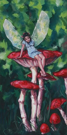 a painting of a fairy sitting on top of mushrooms