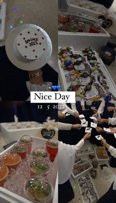 several pictures of people holding hands at a nice day event with drinks and candies on the table