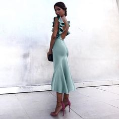 Elegant Ruffled Mermaid Dress For Gala, Elegant Ruffled Mermaid Dress For Evening, Elegant Evening Mermaid Dress With Ruffles, Elegant Evening Dress With Ruffles And Mermaid Hem, Chic Sleeveless Mermaid Dress For Formal Occasions, Elegant Party Midi Dress With Ruffled Straps, Elegant Midi Dress With Ruffled Straps For Party, Backless Evening Midi Dress With Ruffles, Evening Backless Midi Dress With Ruffles