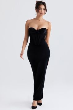 House of CB | Womenswear designed in London. Velvet Black Dress, Simple Black Heels, Corset Maxi Dress, Formal Maxi Dress, Vintage Feather, Velvet Corset, Little Black Dresses, Strapless Corset, Black Velvet Dress