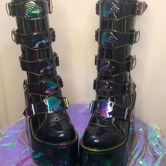 Brand: Dolls Kill X Yru Boots -Product/Item: Black Rainbow Holographic Mushroom Buckle Platform Boots -Size: 8 (True To Size!) -Condition: Bnib! In Perfect Condition! Never Worn!Brand New Sealed In Box!Bnwt!(I Did Loose Some Boxes In The Flood But If I Didn’t They’ll Come In The Boxes) *I Was Storing All My Boxes In The Basement As Well As My Upstairs Studio Area And We Had A Flood In The Basement But If The Box Is In The Attack It’ll Come In The Og Box As Well! Everything Is Shipped Next Day!(I Yru Shoes, Creeper Boots, Black Holographic, Fancy Footwear, Outfit References, Goth Shoes, Rainbow Holographic, The Flood, Black Rainbow