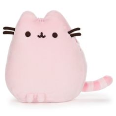 a pink cat stuffed animal with black eyes and tail sitting on the ground in front of a white background