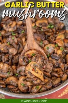 garlic butter mushrooms in a skillet with a wooden spoon and title text overlay