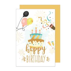 a birthday card with an image of a cake and balloons in the air, on top of