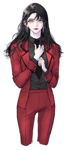 a drawing of a woman with long hair wearing a red suit and black shirt, holding her hands together