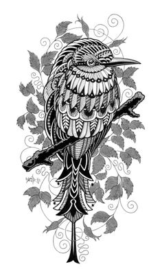 a black and white drawing of a bird sitting on a branch with leaves around it