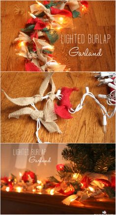 christmas garlands and lights on the floor with text overlay that says lighted burlap garland