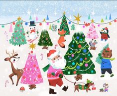 an image of christmas trees and animals in the snow with santa claus on one side