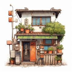 AI・植木鉢の有る一般住宅 Old Japanese House Drawing, Drawing Japanese House, Japanese Shop Drawing, Japanese Shop Front Design, Japan House Exterior, Modern Japanese House Exterior, Japanese Architecture Drawings, Japanese House Exterior