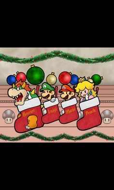 an image of mario christmas stockings with mario and luigi characters on them in the background