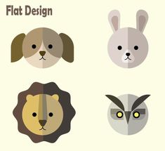 four different types of animal heads with the words flat design on them, including an owl, lion, and rabbit