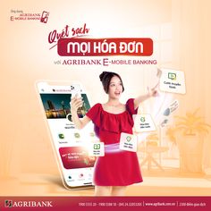 an advertisement for mobile banking featuring a woman in red dress holding up her credit card