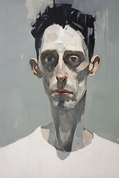 a painting of a man's face with black hair and white t - shirt