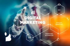 the words digital marketing are written in white on a blue and orange background with hexagonal shapes